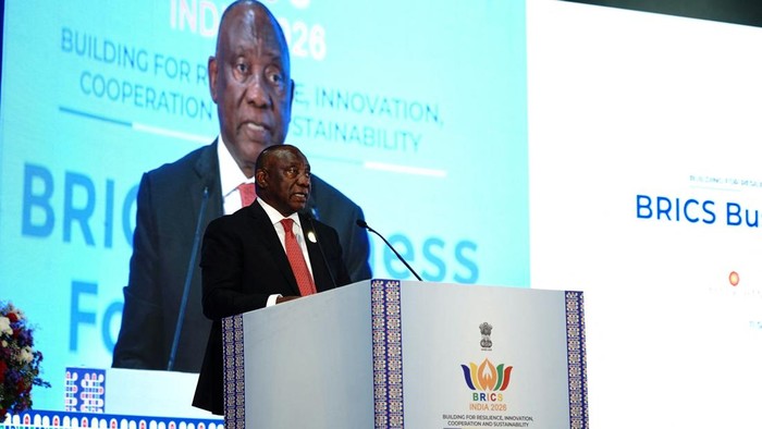 Presiden Afsel Cyril Ramaphosa saat menghadiri KTT BRICS di India (via REUTERS/Indias Ministry of External Aff) 