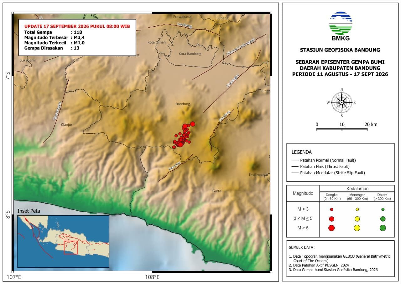Visual rangkaian gempa di Kabupaten Bandung tanggal 11 Agustus - 17 September 2026 hingga pukul 08:00 WIB. Visual rangkaian gempa di Kabupaten Bandung tanggal 11 Agustus - 17 September 2026 hingga pukul 08:00 WIB. (BMKG)