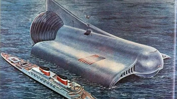 Konsep Pesawat Luar Angkasa Aldebaran dengan Jet Pulsa Nuklir / SSTO. Dandridge Cole. Ilustrasi oleh Roy Kerswill. 1965 Foto: Boredpanda