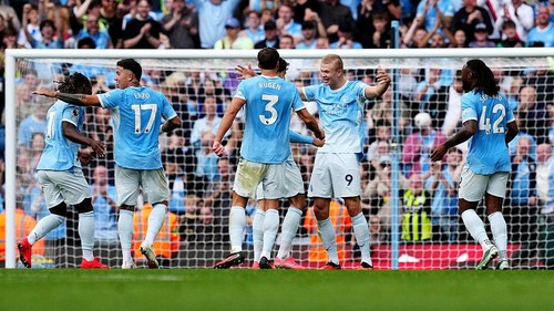 Manchester Citys Erling Haaland (second right) celebrates scoring their sides fifth goal of the game after a VAR check during the Premier League match at the Etihad Stadium, Manchester. Picture date: Sunday September 20, 2026. (Photo by Martin Rickett/PA Images via Getty Images)