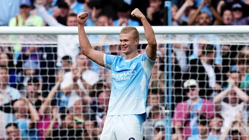 Manchester Citys Erling Haaland celebrates scoring their sides fifth goal of the game after a VAR check during the Premier League match at the Etihad Stadium, Manchester. Picture date: Sunday September 20, 2026. (Photo by Martin Rickett/PA Images via Getty Images)
