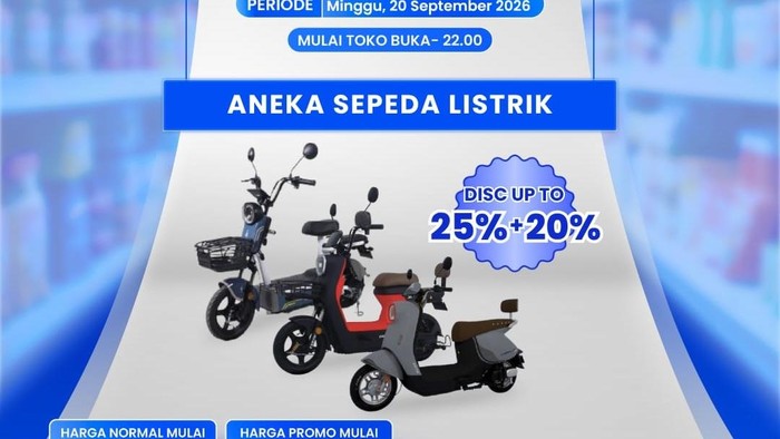 Kabar gembira buat kalian yang sedang mencari sepeda listrik, karena saat ini di Transmart Full Day Sale, harganya sangat terjangkau. Diskon yang bisa kalian nikmati lebih dari 50%.