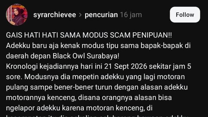 Akun threads @syrarchievee yang menyebut adiknya jadi korban scam modus intimidasi di Surabaya