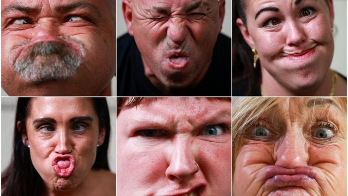 A combination picture shows male gurning champion Ged Eccles (top left), Dan Johnson (top centre), Caroline Leonard (top right), female gurning champion Claire Lister (bottom left), Claire Hartlay (bottom centre) and female gurning champion Lynne Kelly (bottom right), practicing for the World Gurning Championships, where competitors are judged on their ability to pull their most contorted expressions, in Egremont, Britain, September 19, 2026. REUTERS/Temilade Adelaja     TPX IMAGES OF THE DAY
