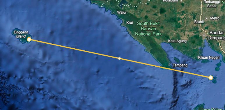 Jarak Pulau Enggano dengan titik terakhir kapal hilang