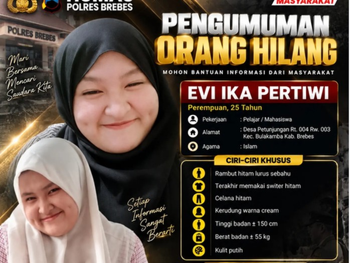 Informasi orang hilang atas nama Evi Ika Pertiwi, warga Brebes. Foto diunggah Rabu (23/9/2026).