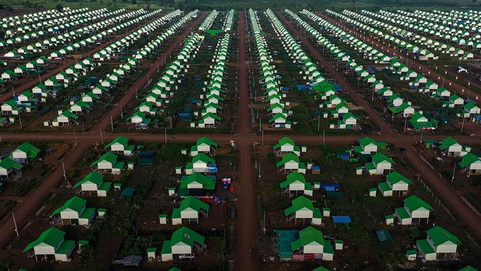 A drone view shows Rong Cham, a resettlement site that villagers have nicknamed 