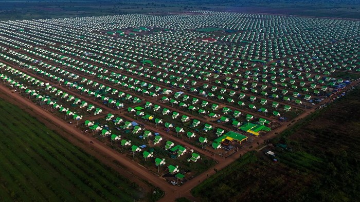A drone view shows Rong Cham, a resettlement site that villagers have nicknamed 