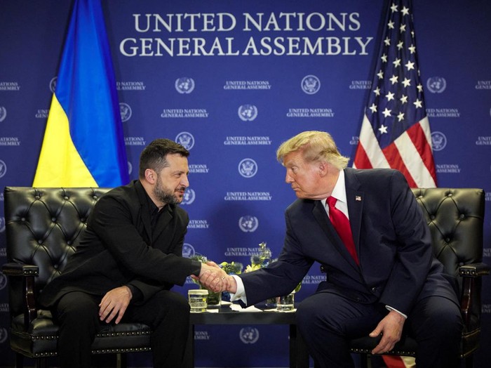 UN-ASSEMBLY/ZELENSKIY-TRUMP US President Donald Trump and Ukraine's President Volodymyr Zelenskiy shake hands as they meet on the sidelines of the 81st United Nations General Assembly (UNGA) in New York City, US, in this handout released September 22, 2026. Ukrainian Presidential Press Service/Handout via REUTERS ATTENTION EDITORS - THIS IMAGE HAS BEEN SUPPLIED BY A THIRD PARTY.