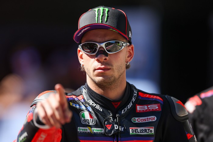 SPIELBERG, AUSTRIA - SEPTEMBER 20: Marco Bezzecchi of Italy and Aprilia Racing(72) looks on during QATAR AIRWAYS GRAND PRIX OF AUSTRIA at Red Bull Ring on September 20, 2026 in Spielberg, Austria. (Photo by Qian Jun/MB Media/Getty Images)