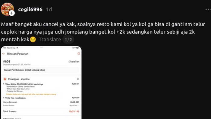 Pesanan makanan bikin jengkel, meminta tukar kol goreng menjadi telur ceplok.