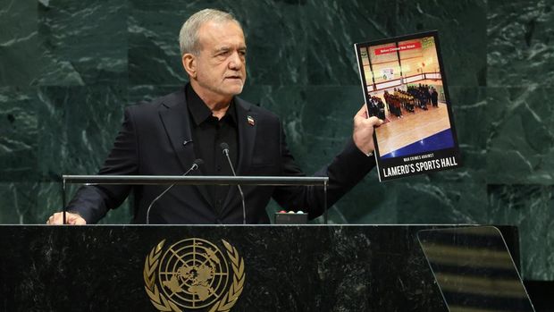 Iran's President Masoud Pezeshkian addresses the 81st United Nations General Assembly (UNGA) at UN headquarters in New York City, US, September 23, 2026.  REUTERS/CAITLIN OCHS