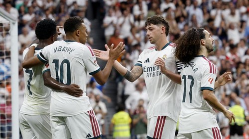 Soccer Football - LaLiga - Real Madrid v Malaga - Estadio Bernabeu, Madrid, Spain - August 30, 2026 Real Madrids Kylian Mbappe celebrates scoring their third goal with Federico Valverde, Vinicius Junior and Marc Cucurella REUTERS/Thomas Peter