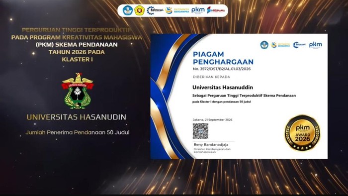 Universitas Hasanuddin meraih tiga penghargaan di PKM Award 2026.