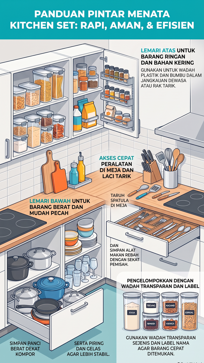 Infografis tata cara menempatkan barang di kitchen set