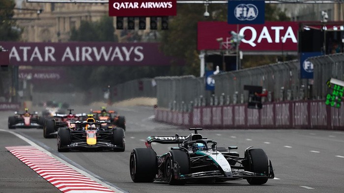 George Russell of Mercedes during the Formula 1 Grand Prix of Azerbaijan at Baku City Circuit in Baku, Azerbaijan on September 21, 2025. (Photo by Jakub Porzycki/NurPhoto via Getty Images)