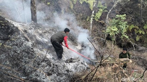 Petugas memadamkan api di Bukit Setampol, kawasan TNGR Resort Torean, Lombok Utara, NTB. Sabtu (26/9/2026).