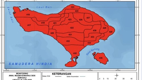 Prediksi musim kemarau (warna merah) di seluruh wilayah Bali yang diperkirakan datang terlambat.