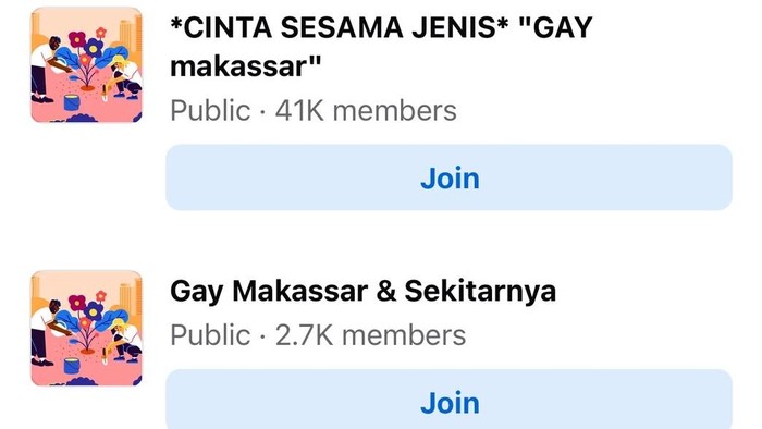 Tangkapan layar sejumlah grup LGBT Makassar. Dokumen Istimewa