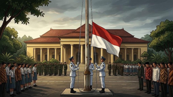 Ilustrasi pengibaran bendera setengah tiang di hari peringatan G30S/PKI.