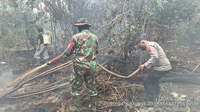 Petugas saat memadamkan karhutla di area SUTET Desa Pematang Rahim, Jambi