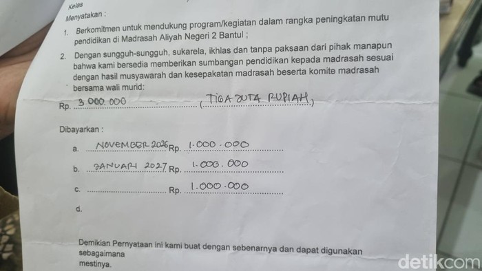 Beberapa surat pernyataan kesediaan dukungan pengembangan madrasah yang nominalnya bervariasi mulai Rp 1,25 juta hingga Rp 3 juta.