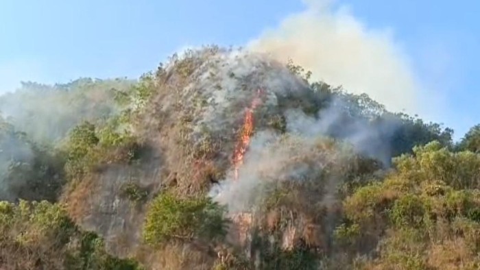 Kebakaran hutan dan lahan (karhutla) terjadi di kawasan gunung karst Lesang, Kabupaten Pangkep, Sulawesi Selatan (Sulsel).