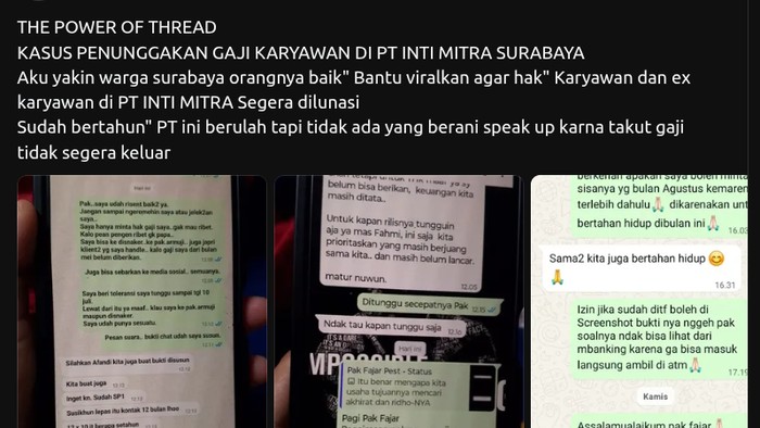 Kiriman viral keluhan karyawan perusahaan swasta bidang pengendalian hama di Surabaya yang gajinya ditunggak atau tidak dibayarkan.