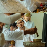 Suami serta ibunda Luna juga tampak hadir mengikuti upacara melaspas. Maxime terlihat berbusana putih, lengkap dengan ikat kepala khas Bali, Udeng. Foto: Instagram/@lunamaya