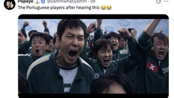 Begini gambaran pemain Portugal versi warganet. Potongan adegan penuh kegembiraan dari serial Squid Game dijadikan meme untuk menyindir situasi setelah Ronaldo meninggalkan pemusatan latihan. Foto: X.com
