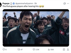 Begini gambaran pemain Portugal versi warganet. Potongan adegan penuh kegembiraan dari serial Squid Game dijadikan meme untuk menyindir situasi setelah Ronaldo meninggalkan pemusatan latihan. Foto: X.com