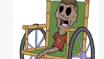 Sindiran pedas untuk Ronaldo. Sebuah akun mengunggah ilustrasi pemain bernomor punggung 7 yang tampak renta di kursi roda dengan keterangan, Youre absolutely finished. Foto: X.com