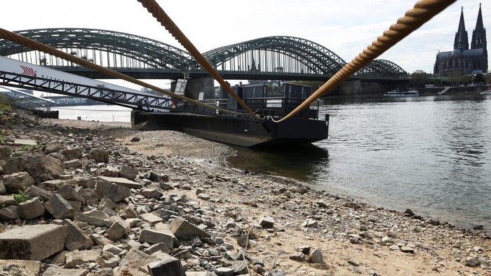 A cargo ship cruises on the Rhine river during low water levels near the Cathedral in Cologne, Germany, September 30, 2026. REUTERS/Thilo Schmuelgen