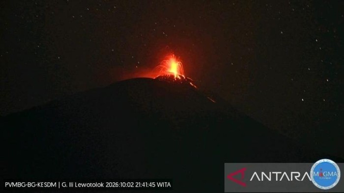 Gunung Ili Lewotolok di Kabupaten Lembata, Nusa Tenggara Timur (NTT), erupsi malam ini. (Antara)