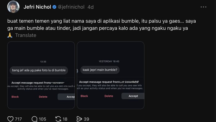 Jefri Nichol bantah main dating app.
