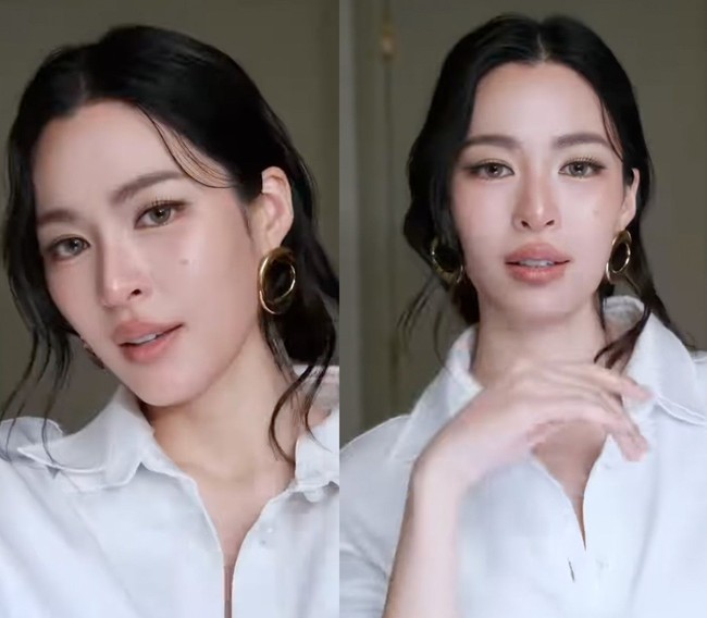 Detail anting emas melingkar dan makeup natural menyempurnakan penampilan Lingling Kwong yang elegan. Foto: Dok. Instagram Lingling Kwong, Orm Kornnaphat