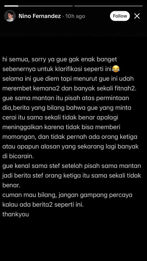 Nino Fernandez klarifikasi tuduhan tinggalkan mantan