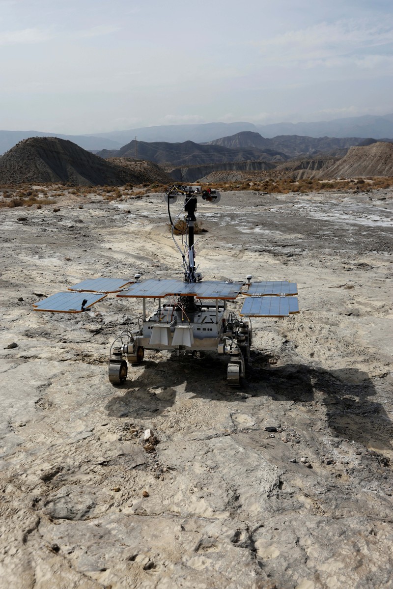 A six-wheeled Mars rover prototype known as Charlie during a test by the European Space Agency (ESA), Airbus and other European partners, testing technologies and operational procedures for ESA's ExoMars Rosalind Franklin mission, in a desert area in Tabernas, Spain, October 1, 2026. REUTERS/Jon Nazca