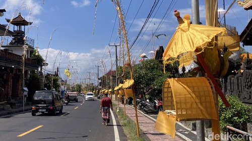 Ratusan Penjor menghiasi jalan Desa Adat Akah dalam gelaran Karya Pamungkah Tawur Agung di Klungkung, Bali, Minggu (4/10/2026). (Fatih Kudus Jaelani/detikBali).
