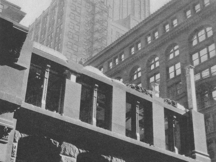 177055701 The Origin Of The Skyscraper - black and white photograph of the Home Insurance Building, showing it from the LaSalle Street view, which shows the granite on both the first and second floor, which is where the iron skeleton frame can be found, and the skeleton began at grade, at the court and rear elevations, Chicago, Illinois, 1931. (Photo by Museum of Science and Industry, Chicago/Getty Images)