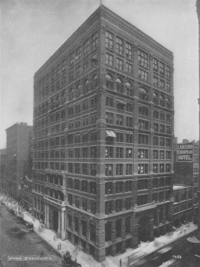 The Origin Of The Skyscraper - black and white image of the Home Insurance Building showing a view from the southwest, stating that the upper two floors were added in 1890, 1931. (Photo by Museum of Science and Industry, Chicago/Getty Images)