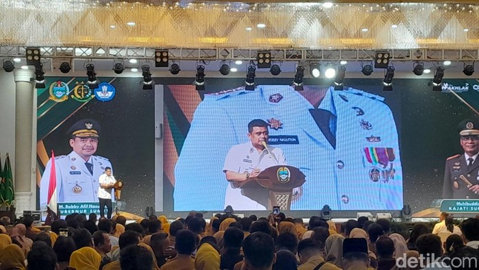 Gubsu Bobby Nasution saat sambutan di acara Jaksa Sahabat Pendidik (Nizar Aldi/detikSumut)