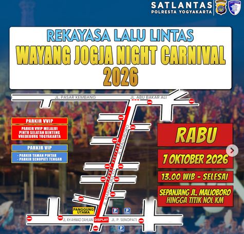 HUT Jogja Tangkapan layar rekayasa lalu lintas dalam rangka perhelatan Wayang Jogja Night Carnival oleh Sat Lantas Polresta Jogja. Foto diunggah Selasa (6/10/2026).