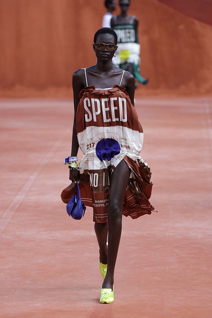 PARIS, FRANCE - OCTOBER 4: (EDITORIAL USE ONLY - For Non-Editorial use please seek approval from Fashion House) A model walks the runway during the Lacoste Womenswear Spring/Summer 2027 show as part of Paris Fashion Week on October 4, 2026 in Paris, France. (Photo by Peter White/Getty Images)