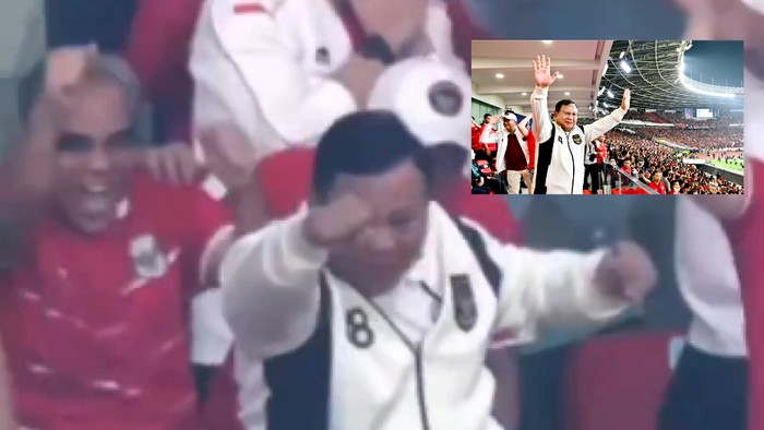 Presiden Prabowo Subianto selebrasi sesaat setelah Timnas Indonesia menjadi pemenang FIFA ASEAN Cup 2026 seusai adu penalti. Warganet ikut nyengir melihatnya.