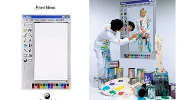 Microsoft Paint keluar dari layar komputer. Tampilan program menggambar legendaris Windows disulap menjadi cermin raksasa lengkap dengan toolbar dan palet warna. Generasi 90-an auto ingat corat-coret pakai Paint. Foto: via Boredpanda