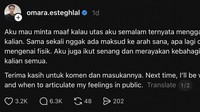 Aku mau minta maaf kalau utas aku semalam ternyata mengganggu momen selebrasi kalian. Sama sekali nggak ada maksud ke arah sana, apa lagi claim bahwa itu mengenai fisik. Aku juga ikut senang dan merayakan kebahagiaan yang sama dengan kalian semua. Terima kasih untuk komen dan masukannya. Next time, I’ll be wiser in choosing how and when to articulate my feelings in public, tulis Omara dalam akun Threads miliknya dilihat detikcom, Kamis (8/10/2026).  Foto: dok threads Omara