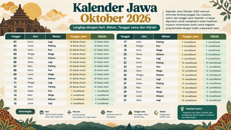 Infografis kalender Jawa Oktober 2026.