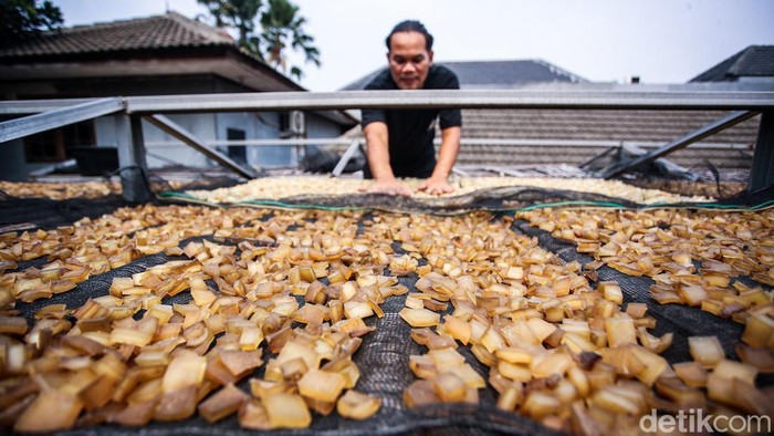 Seorang pekerja menjemur kulit sapi yang akan diolah menjadi kerupuk kulit di rumah produksi Cap Tiga Bintang, Jakarta, Jumat (9/10/2026). Penjemuran dilakukan hingga kulit berubah warna menjadi kecokelatan sebelum memasuki tahap pengolahan berikutnya.