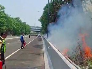 Kebakaran Ilalang di Tepi Tol Arah Bandara Soetta, Pengemudi Diminta Waspada
